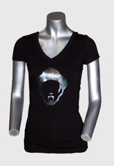 LOUIE VEGA HEAD RAINBOW FOIL WOMEN'S BLACK V-NECK SHIRT