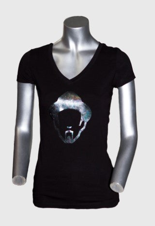 LOUIE VEGA HEAD RAINBOW FOIL WOMEN'S BLACK V-NECK SHIRT